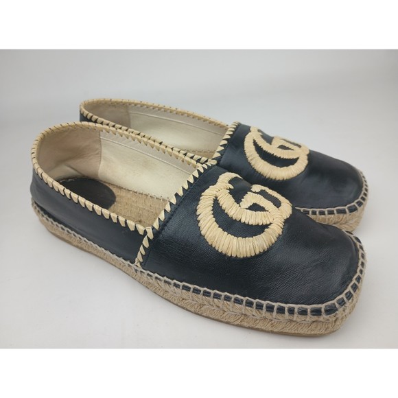 Gucci Women's Black Leather Embroidered GG Espadrilles Size 38 - Picture 1 of 8